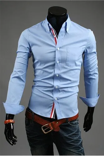 New men's long-sleeved cardigan lapel plain cotton blended shirt in navy blue with Asian sizing