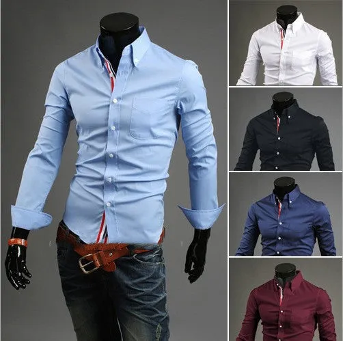 New men's long-sleeved cardigan lapel plain cotton blended shirt in navy blue with Asian sizing