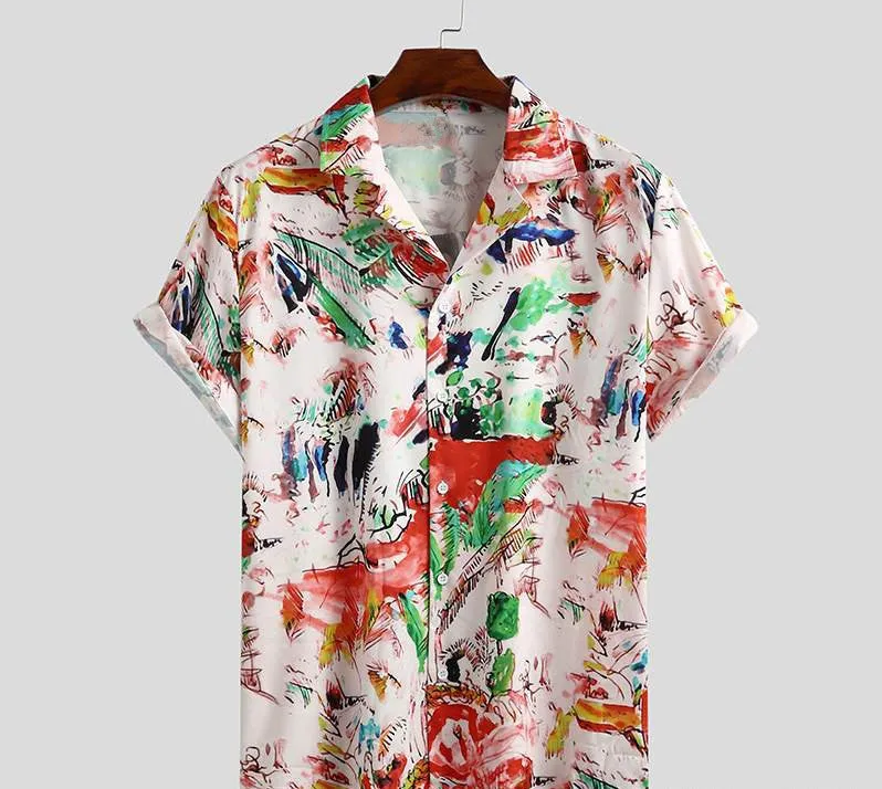 Men's short sleeve printed Hawaiian beach shirt in black, polyester fabric, size M, front view