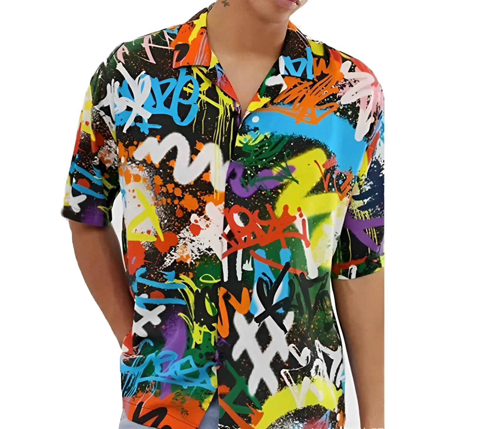 Men's short sleeve printed Hawaiian beach shirt in black, polyester fabric, size M, front view