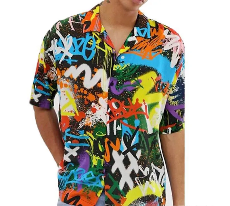 Men's short sleeve printed Hawaiian beach shirt in black, polyester fabric, size M, front view
