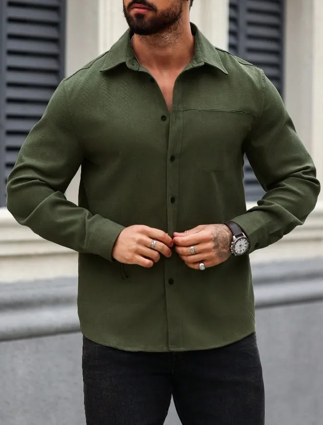 Men's solid colour long-sleeve cotton pocket shirt in navy blue, front view