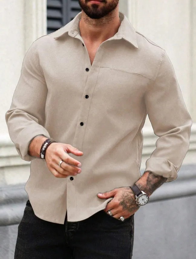 Men's solid colour long-sleeve cotton pocket shirt in navy blue, front view