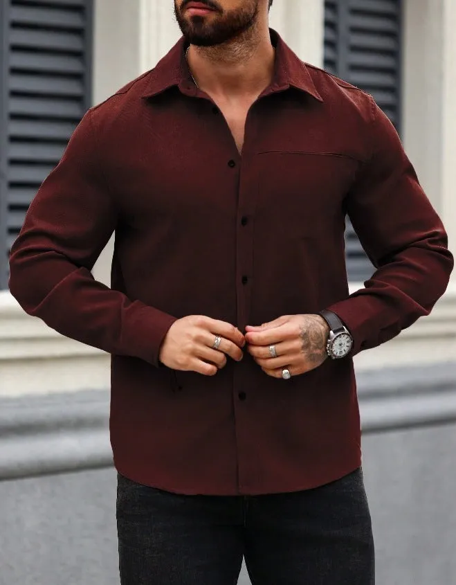 Men's solid colour long-sleeve cotton pocket shirt in navy blue, front view