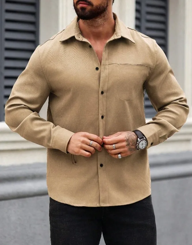 Men's solid colour long-sleeve cotton pocket shirt in navy blue, front view