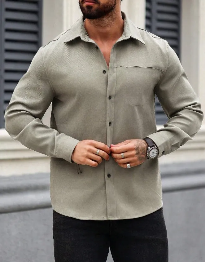 Men's solid colour long-sleeve cotton pocket shirt in navy blue, front view