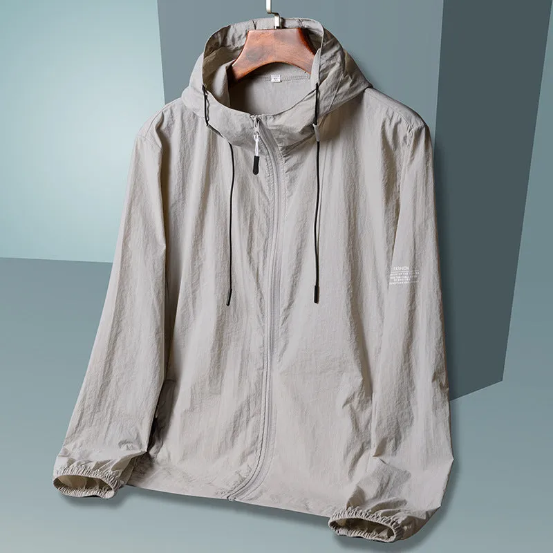 Men's loose fit ice silk sun protection jacket in Bud White with long sleeves and front zip closure