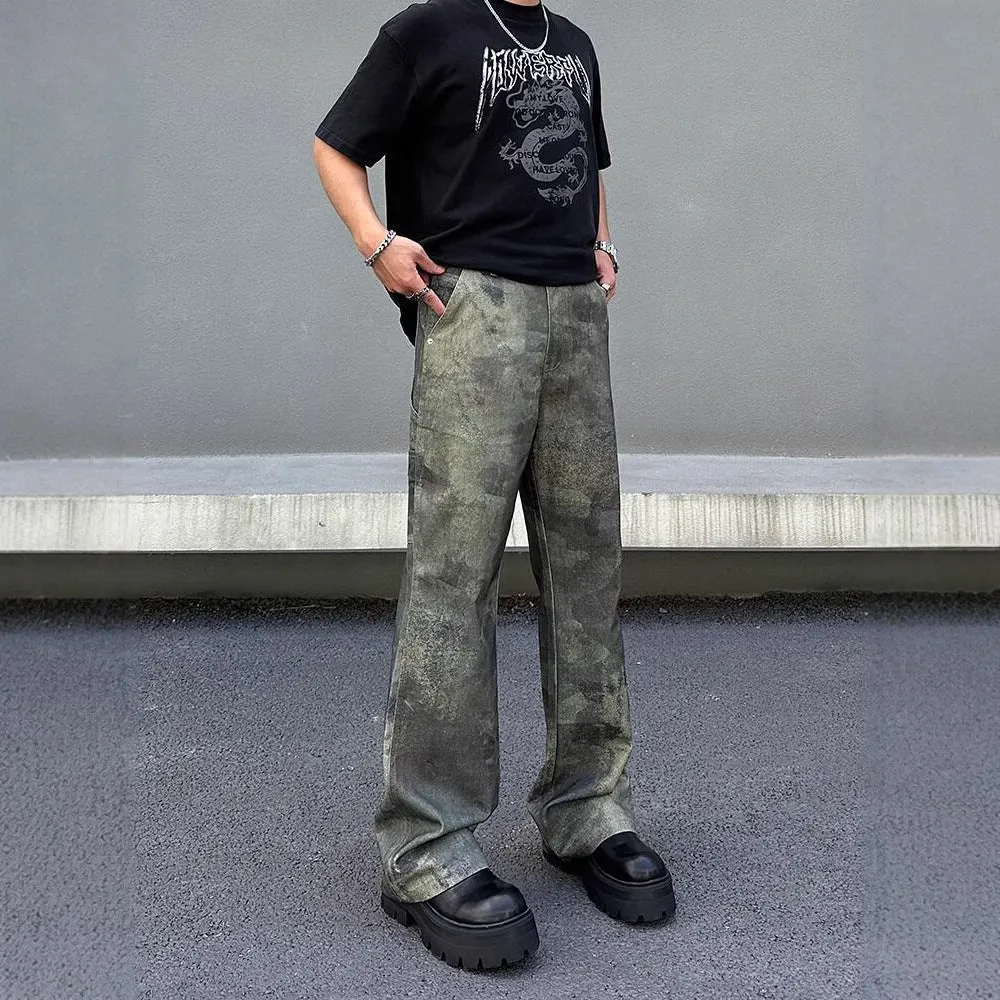 Retro digital camouflage pattern on straight-leg men's jeans with a mid-rise waist.