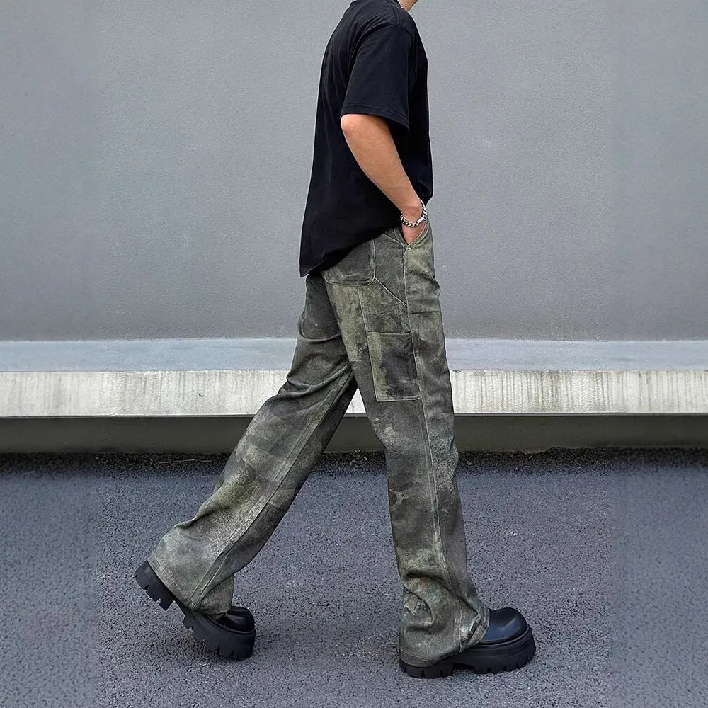 Retro digital camouflage pattern on straight-leg men's jeans with a mid-rise waist.