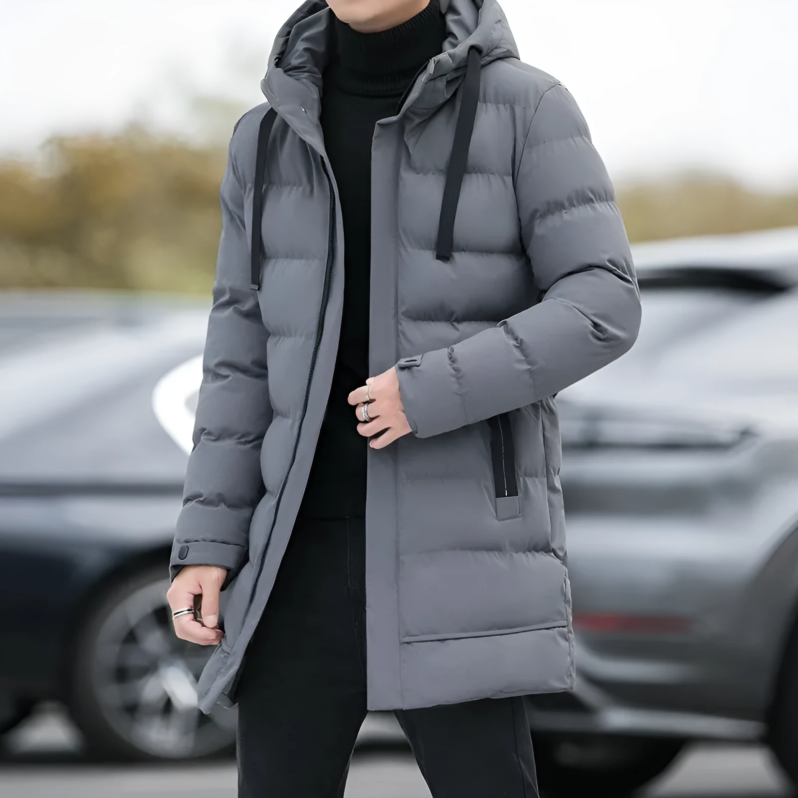 Men's long hooded polyester winter jacket in solid colour, windproof coat for outdoor wear