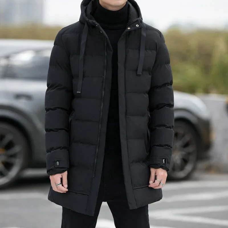 Men's long hooded polyester winter jacket in solid colour, windproof coat for outdoor wear