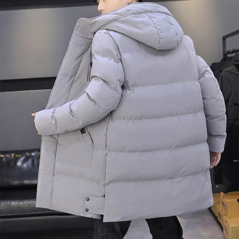 Men's long hooded polyester winter jacket in solid colour, windproof coat for outdoor wear