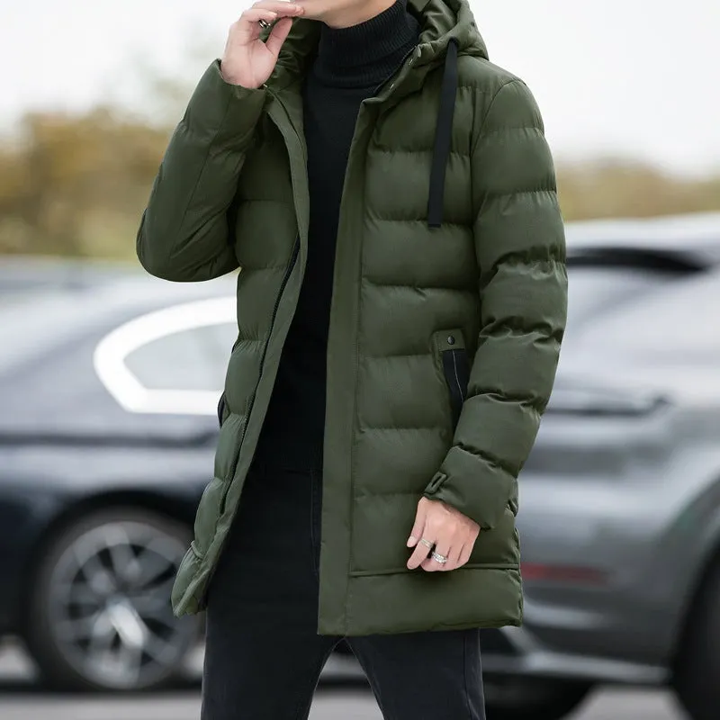 Men's long hooded polyester winter jacket in solid colour, windproof coat for outdoor wear
