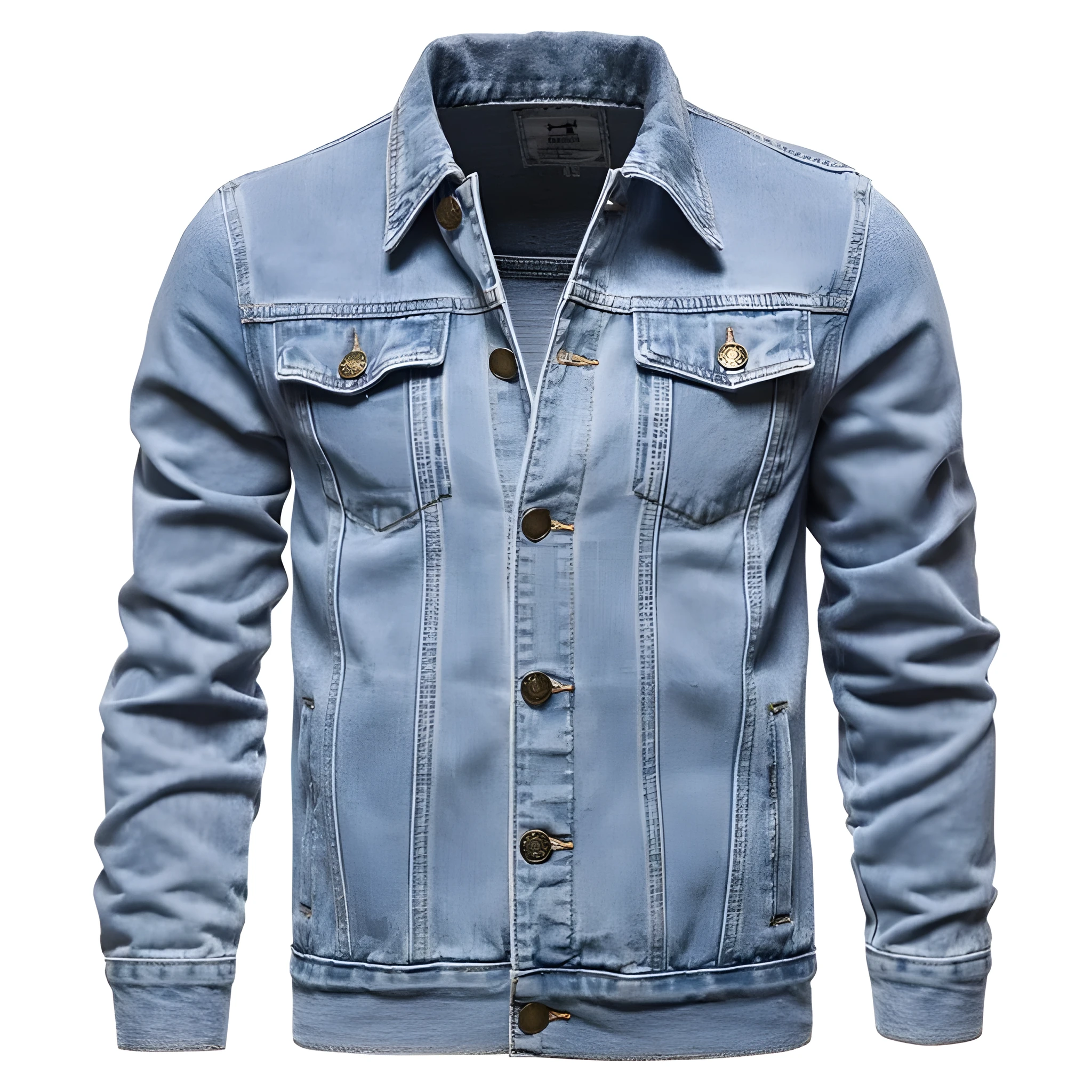 Men's casual hooded blue denim jacket with lapel collar and thin construction