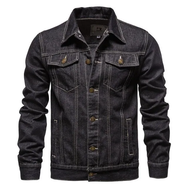 Men's casual hooded blue denim jacket with lapel collar and thin construction