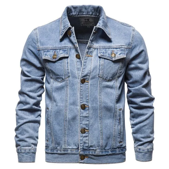 Men's casual hooded blue denim jacket with lapel collar and thin construction