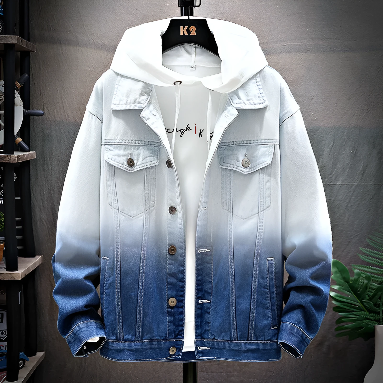 Men's loose fit denim jacket with lapel collar, single-breasted front, long sleeves, in blue