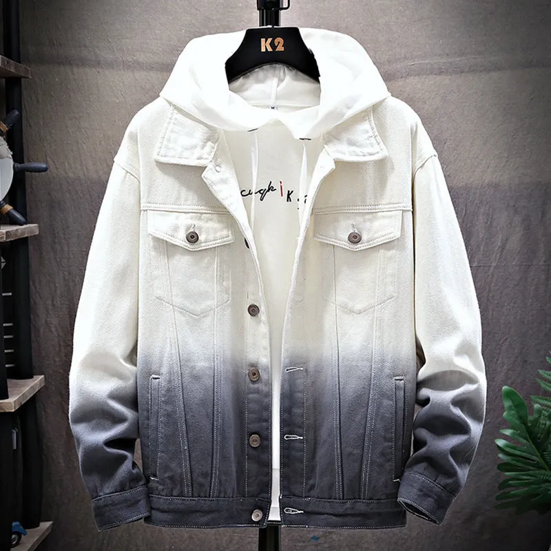 Men's loose fit denim jacket with lapel collar, single-breasted front, long sleeves, in blue