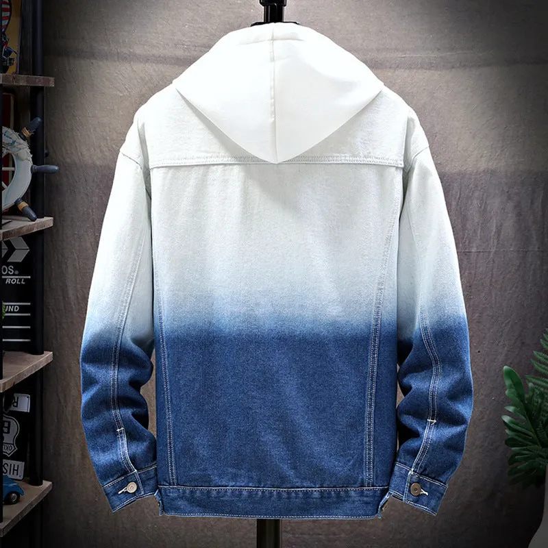 Men's loose fit denim jacket with lapel collar, single-breasted front, long sleeves, in blue