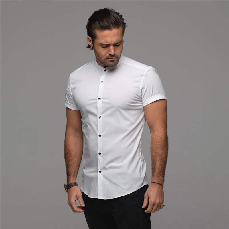 Men's short sleeve summer sports shirt in solid colour, slim fit polyester top