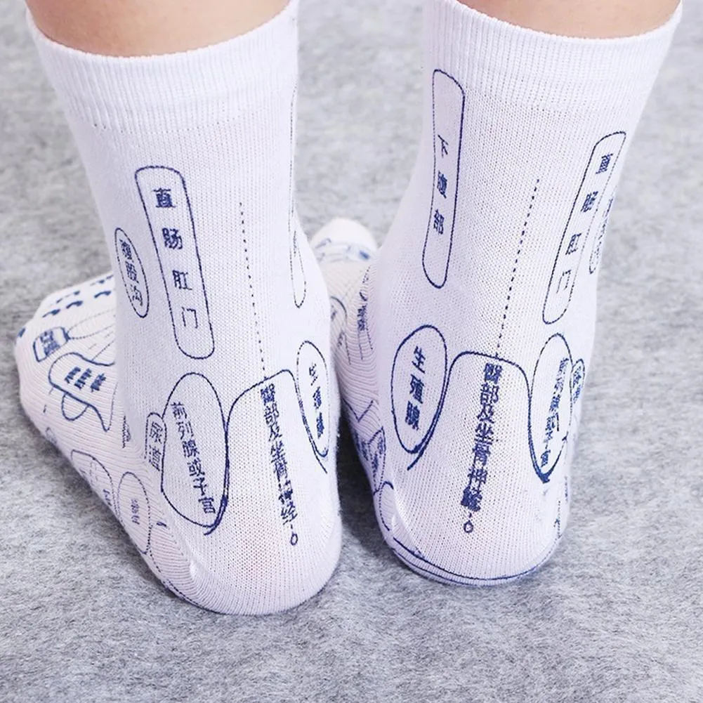 Socks with acupressure point diagrams for foot reflexology, cotton blend, one size adult