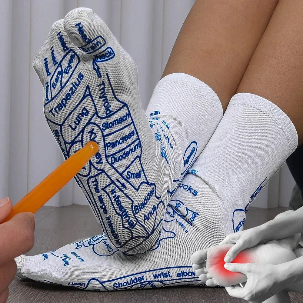 Socks with acupressure point diagrams for foot reflexology, cotton blend, one size adult