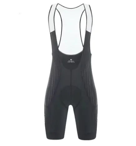 Cycling suspender shorts in black with moisture wicking polyester fabric and integrated suspenders