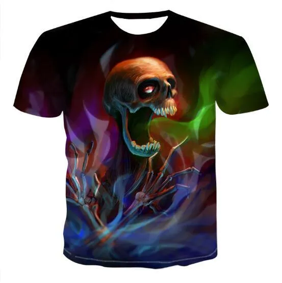 Men's cotton crew neck t-shirt with 3D skull print, available in nine styles and sizes from S to 6XL