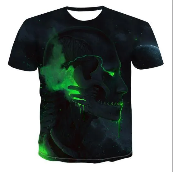 Men's cotton crew neck t-shirt with 3D skull print, available in nine styles and sizes from S to 6XL