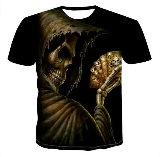 Men's cotton crew neck t-shirt with 3D skull print, available in nine styles and sizes from S to 6XL
