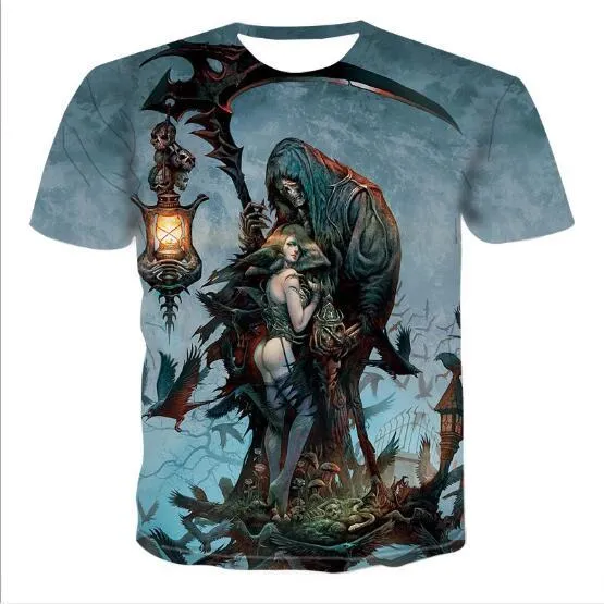 Men's cotton crew neck t-shirt with 3D skull print, available in nine styles and sizes from S to 6XL