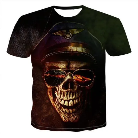 Men's cotton crew neck t-shirt with 3D skull print, available in nine styles and sizes from S to 6XL