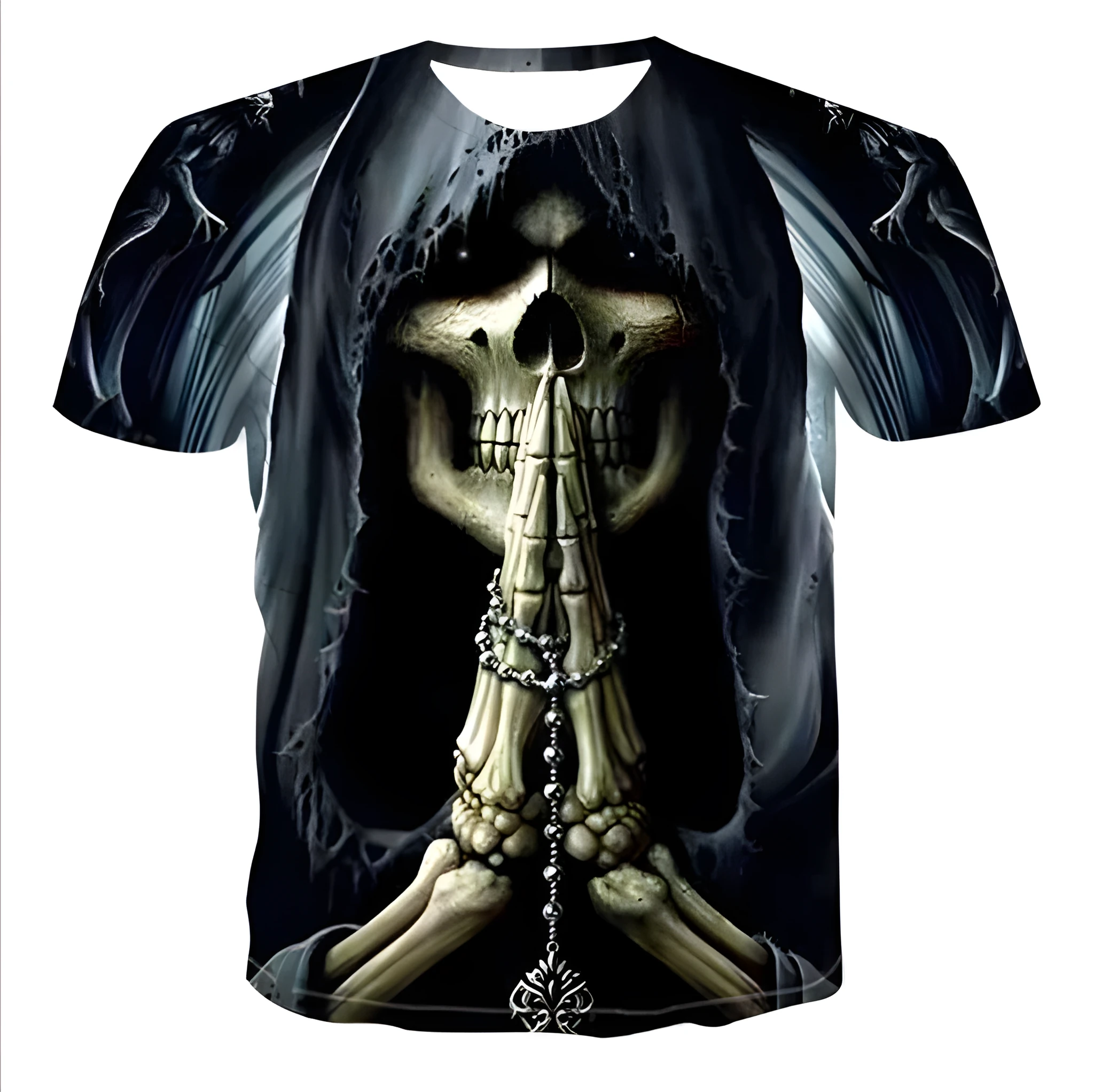 Men's cotton crew neck t-shirt with 3D skull print, available in nine styles and sizes from S to 6XL