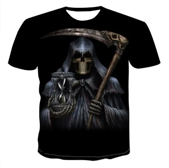 Men's cotton crew neck t-shirt with 3D skull print, available in nine styles and sizes from S to 6XL
