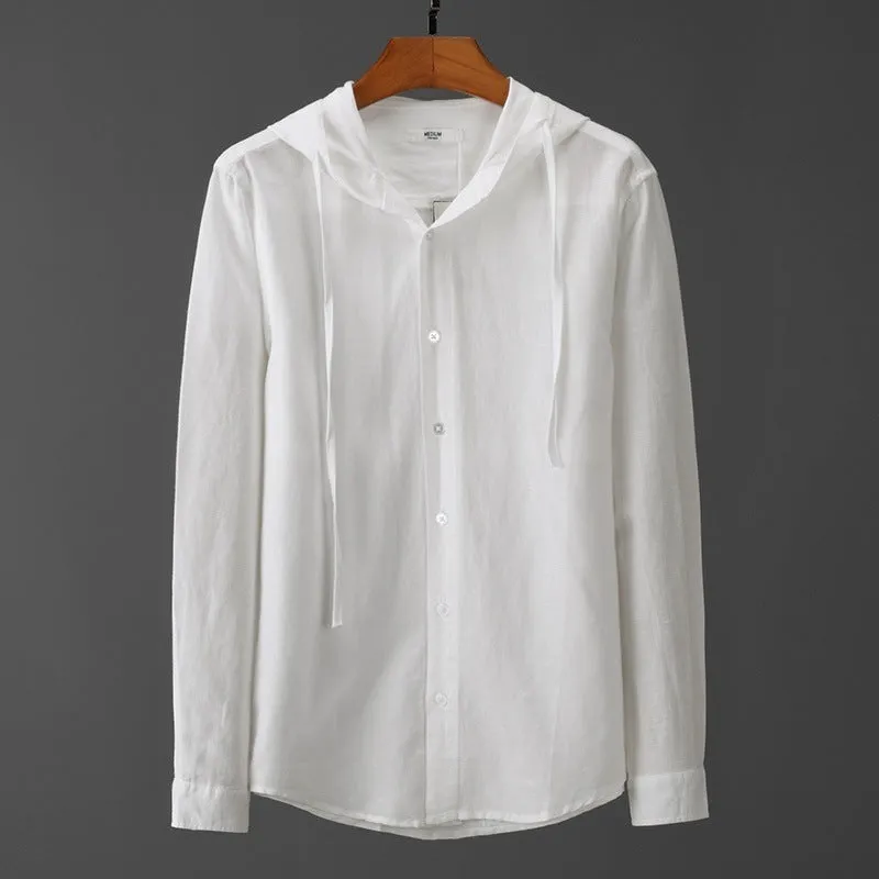 Men's hooded tether striped long sleeve shirt in apricot with wool lining for plus size casual wear