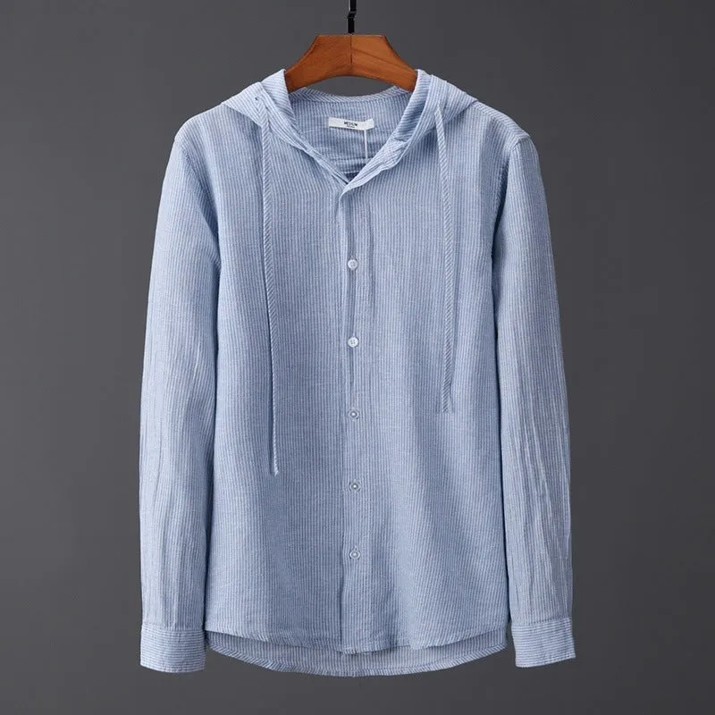 Men's hooded tether striped long sleeve shirt in apricot with wool lining for plus size casual wear