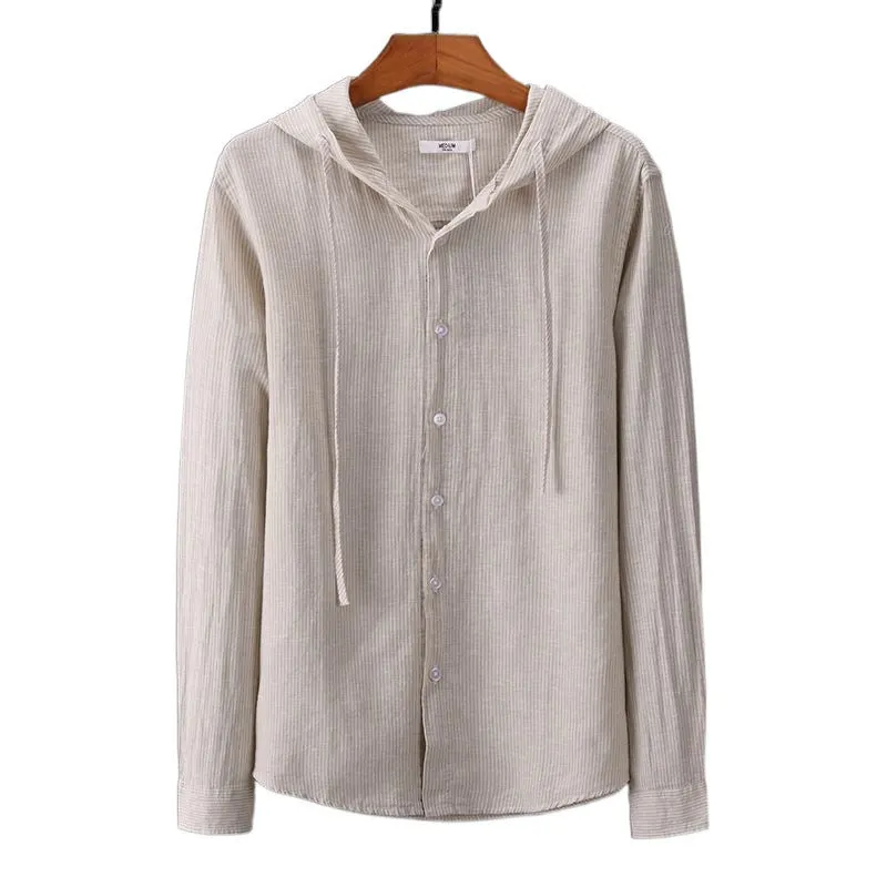 Men's hooded tether striped long sleeve shirt in apricot with wool lining for plus size casual wear