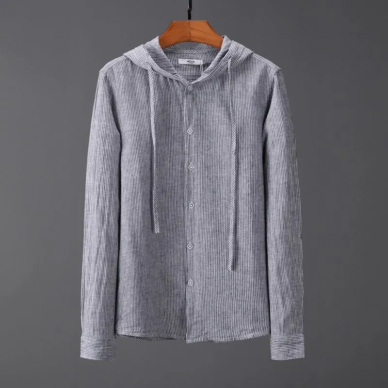 Men's hooded tether striped long sleeve shirt in apricot with wool lining for plus size casual wear