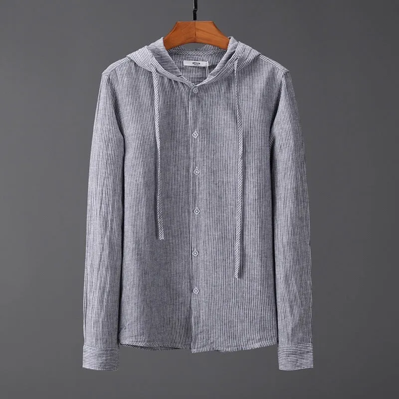 Men's hooded tether striped long sleeve shirt in apricot with wool lining for plus size casual wear