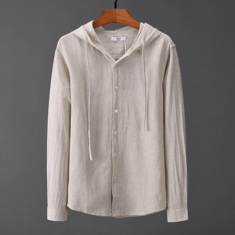 Men's hooded tether striped long sleeve shirt in apricot with wool lining for plus size casual wear