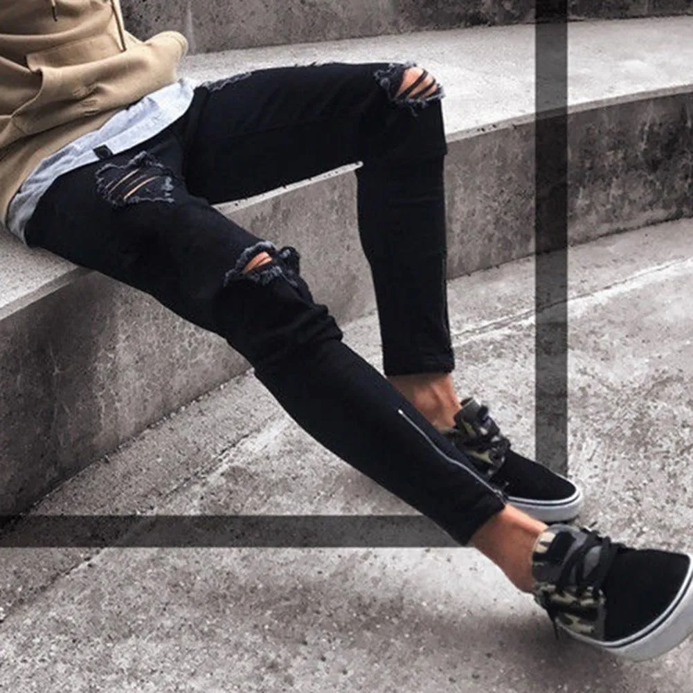 Men's black low waist stretch polyester casual pencil trousers