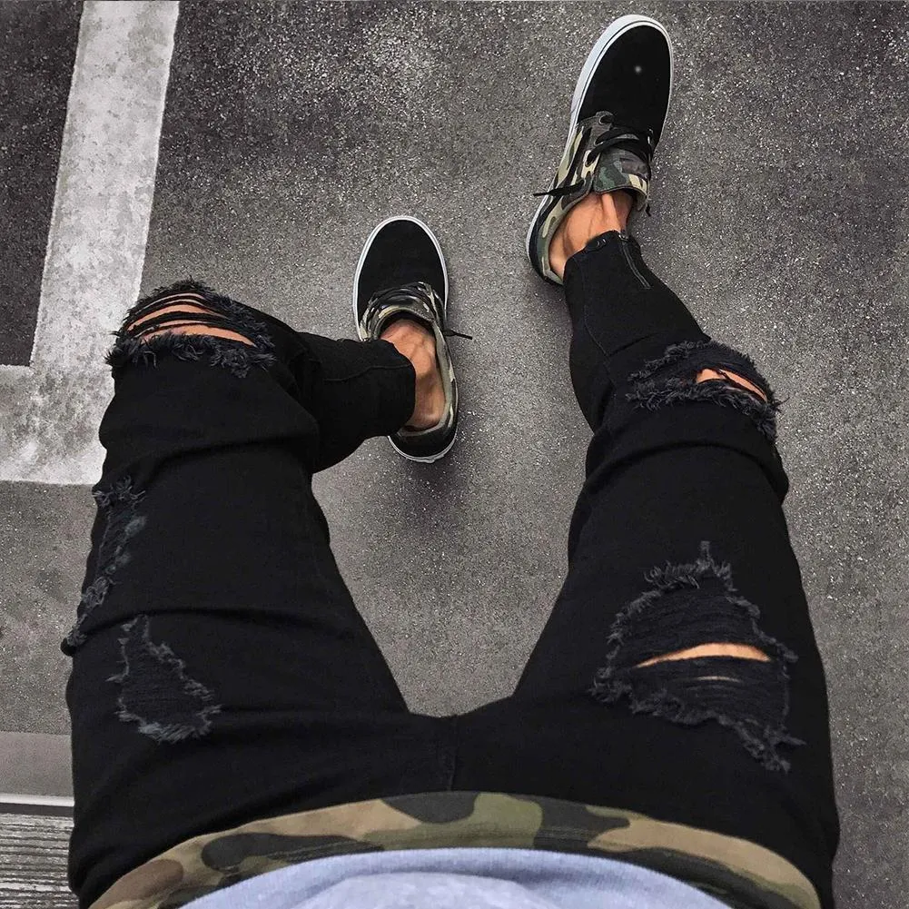 Men's black low waist stretch polyester casual pencil trousers