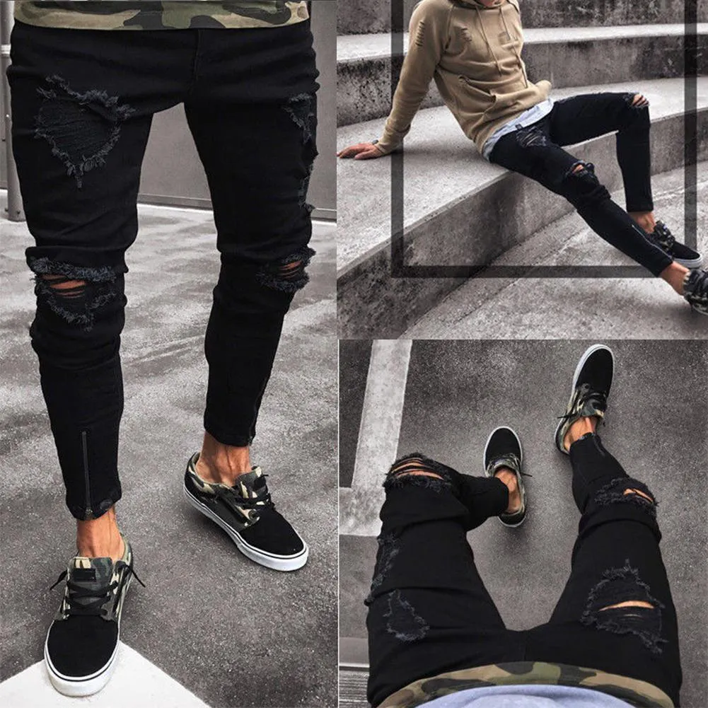 Men's black low waist stretch polyester casual pencil trousers