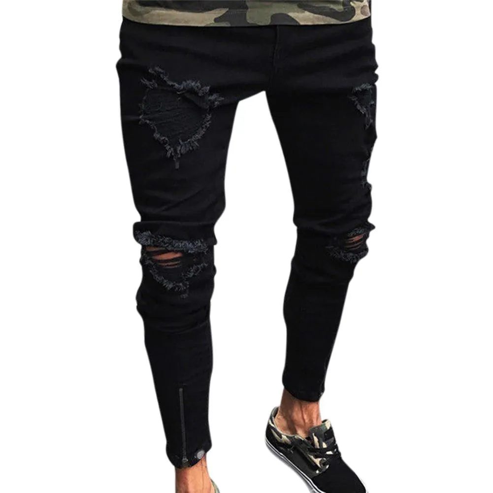 Men's black low waist stretch polyester casual pencil trousers