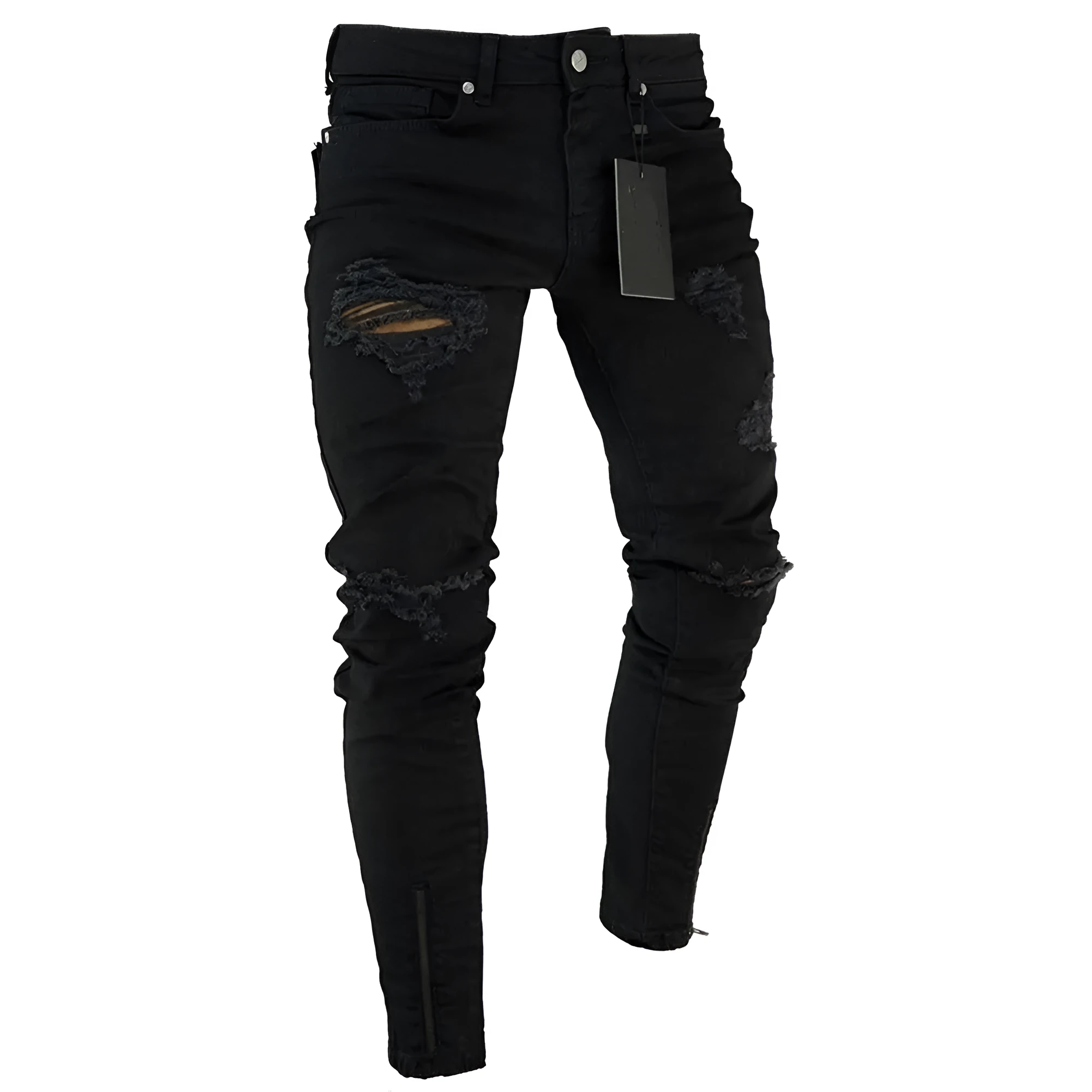 Men's black low waist stretch polyester casual pencil trousers