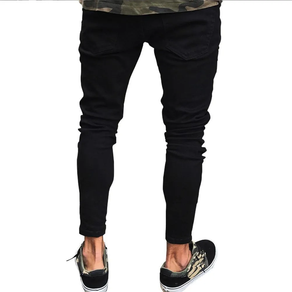 Men's black low waist stretch polyester casual pencil trousers