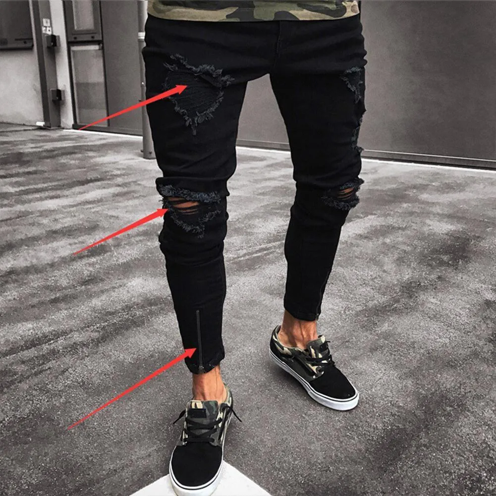 Men's black low waist stretch polyester casual pencil trousers