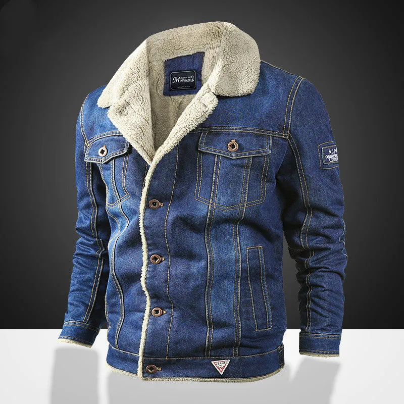 Men's casual denim jacket with lapel collar, single-breasted placket, long sleeves, loose fit, in dark blue and light blue