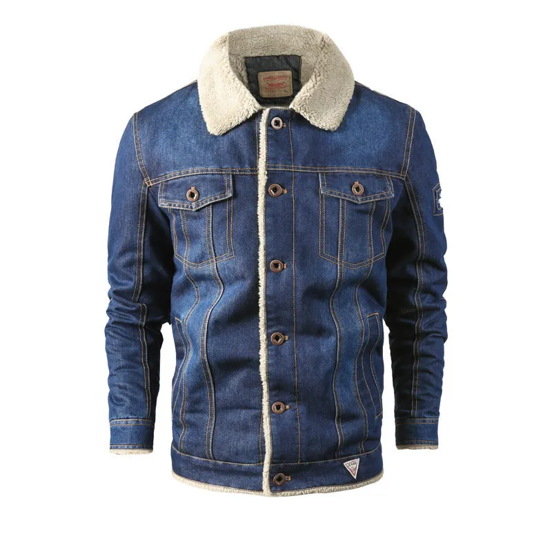 Men's casual denim jacket with lapel collar, single-breasted placket, long sleeves, loose fit, in dark blue and light blue