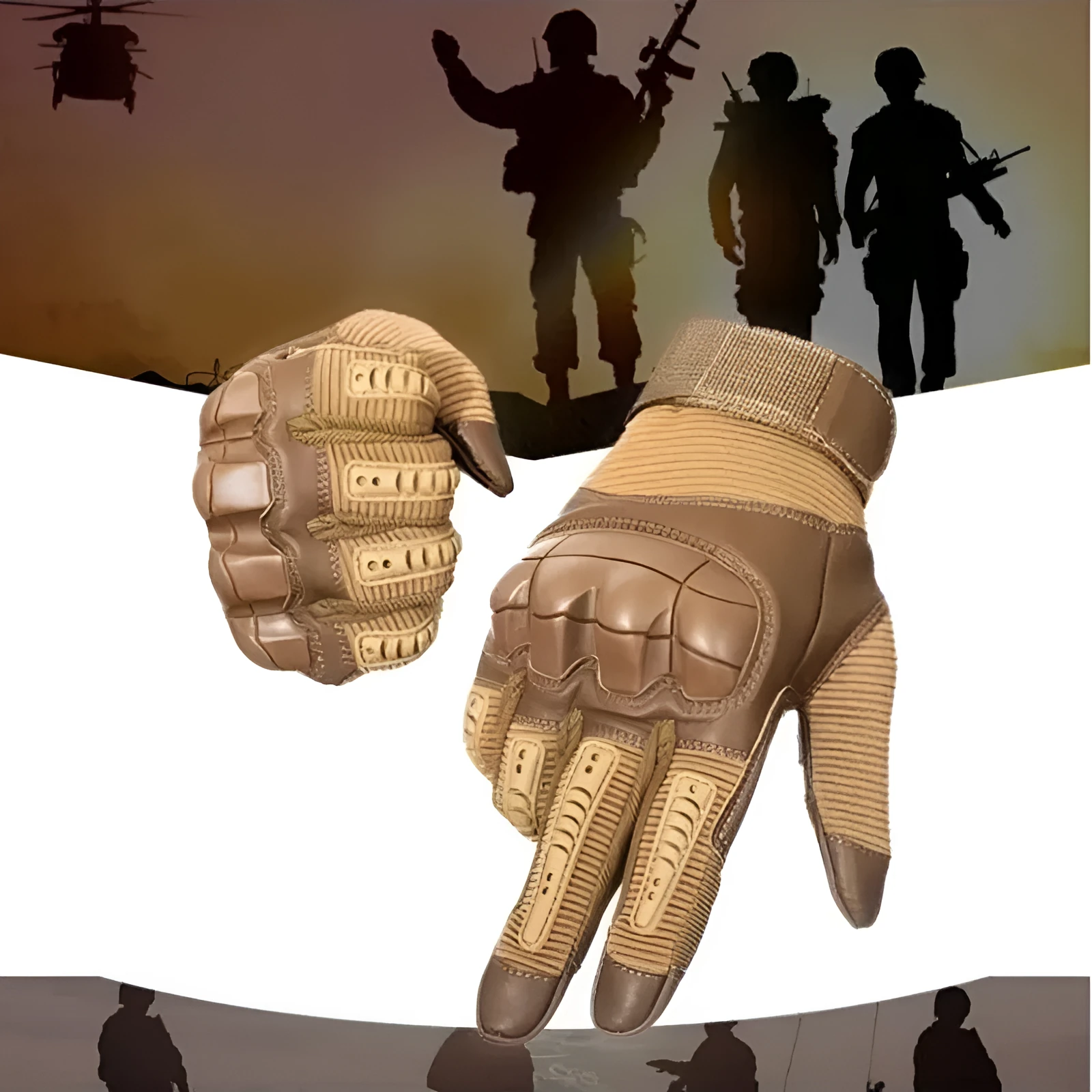 Off-road tactical gloves with black rubber knuckle guard and Velcro wrist strap on a white background
